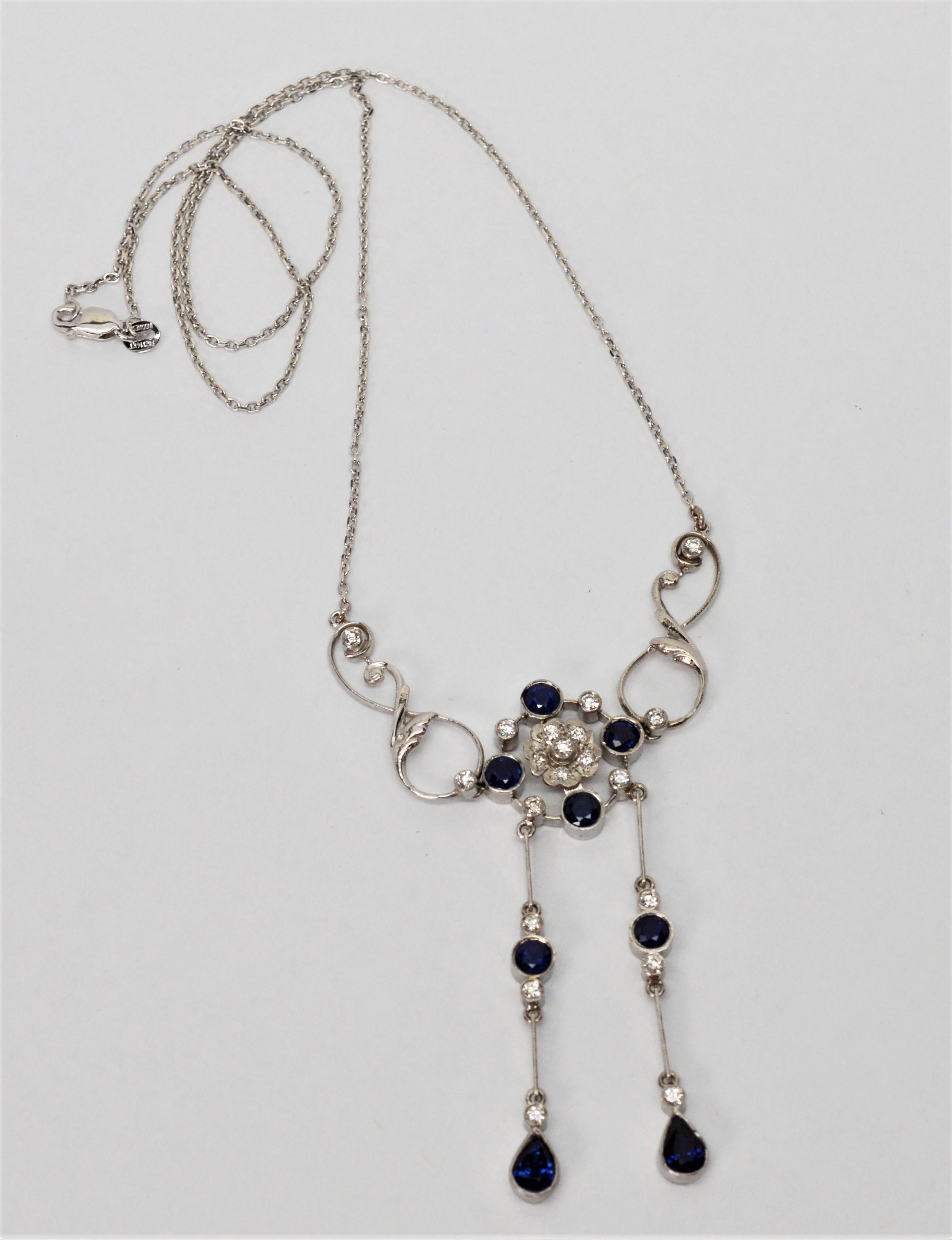 Blue Sapphire Diamond Platinum Drop Pendant Necklace In New Condition For Sale In Mount Kisco, NY