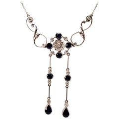 Blue Sapphire Diamond Platinum Drop Pendant Necklace