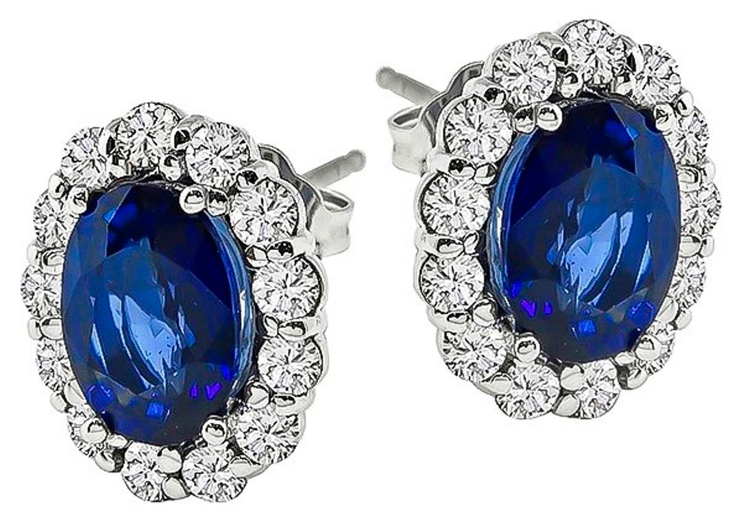 Oval Cut Blue Sapphire Diamond White Gold Halo Earrings