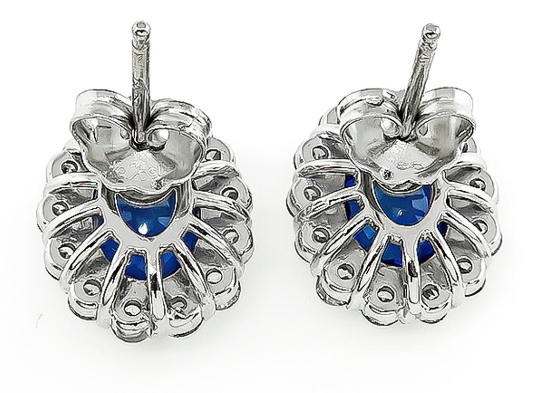 Blue Sapphire Diamond White Gold Halo Earrings In Good Condition In New York, NY