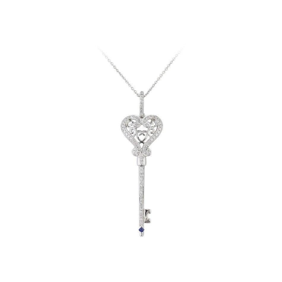 Round Cut Blue Sapphire Diamond White Gold Necklace For Sale