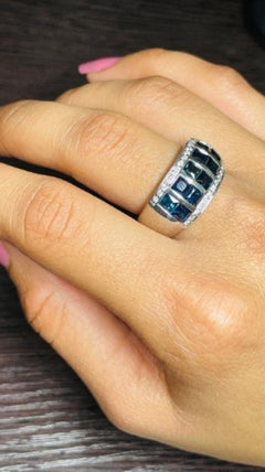 Blue Sapphire Diamond Wide Band Wedding Ring in Sterling Silver for Women Gift