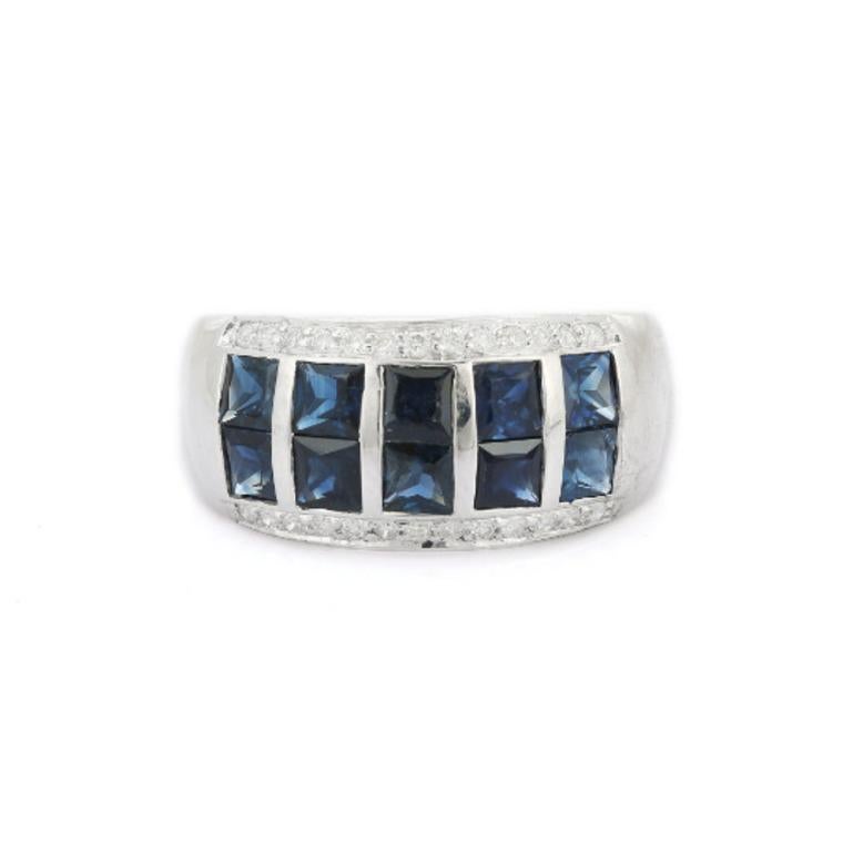 For Sale:  Blue Sapphire Diamond Wide Band Wedding Ring in Sterling Silver for Women 3