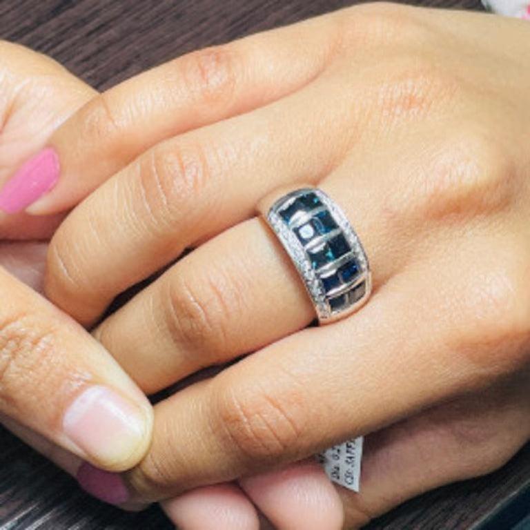 For Sale:  Blue Sapphire Diamond Wide Band Wedding Ring in Sterling Silver for Women Gift 4