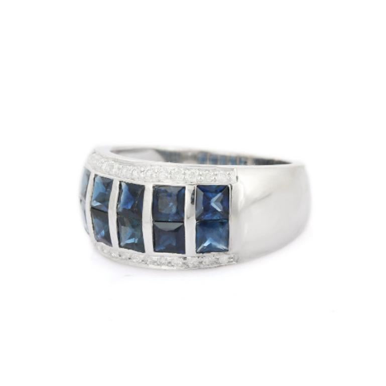 For Sale:  Blue Sapphire Diamond Wide Band Wedding Ring in Sterling Silver for Women 5