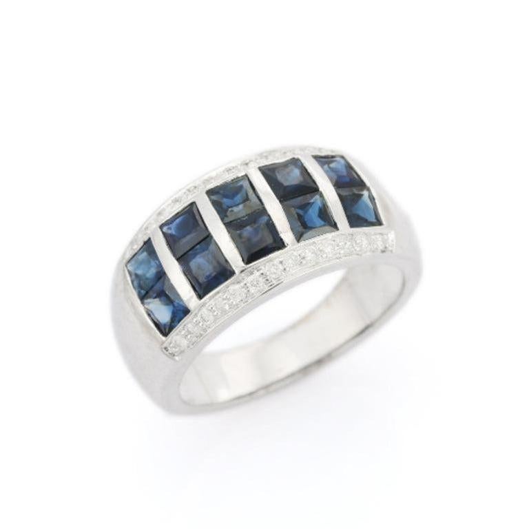 For Sale:  Blue Sapphire Diamond Wide Band Wedding Ring in Sterling Silver for Women Gift 5