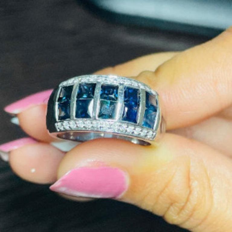 For Sale:  Blue Sapphire Diamond Wide Band Wedding Ring in Sterling Silver for Women Gift 6
