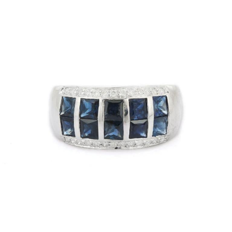 For Sale:  Blue Sapphire Diamond Wide Band Wedding Ring in Sterling Silver for Women Gift 7