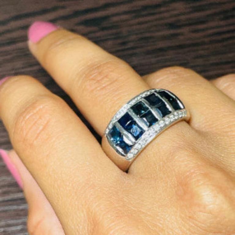 For Sale:  Blue Sapphire Diamond Wide Band Wedding Ring in Sterling Silver for Women Gift 8
