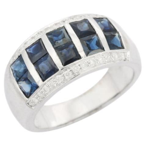 For Sale:  Blue Sapphire Diamond Wide Band Wedding Ring in Sterling Silver for Women