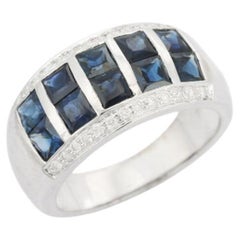 Blue Sapphire Diamond Wide Band Wedding Ring in Sterling Silver for Women