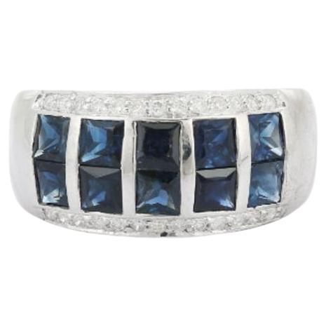 For Sale:  Blue Sapphire Diamond Wide Band Wedding Ring in Sterling Silver for Women Gift