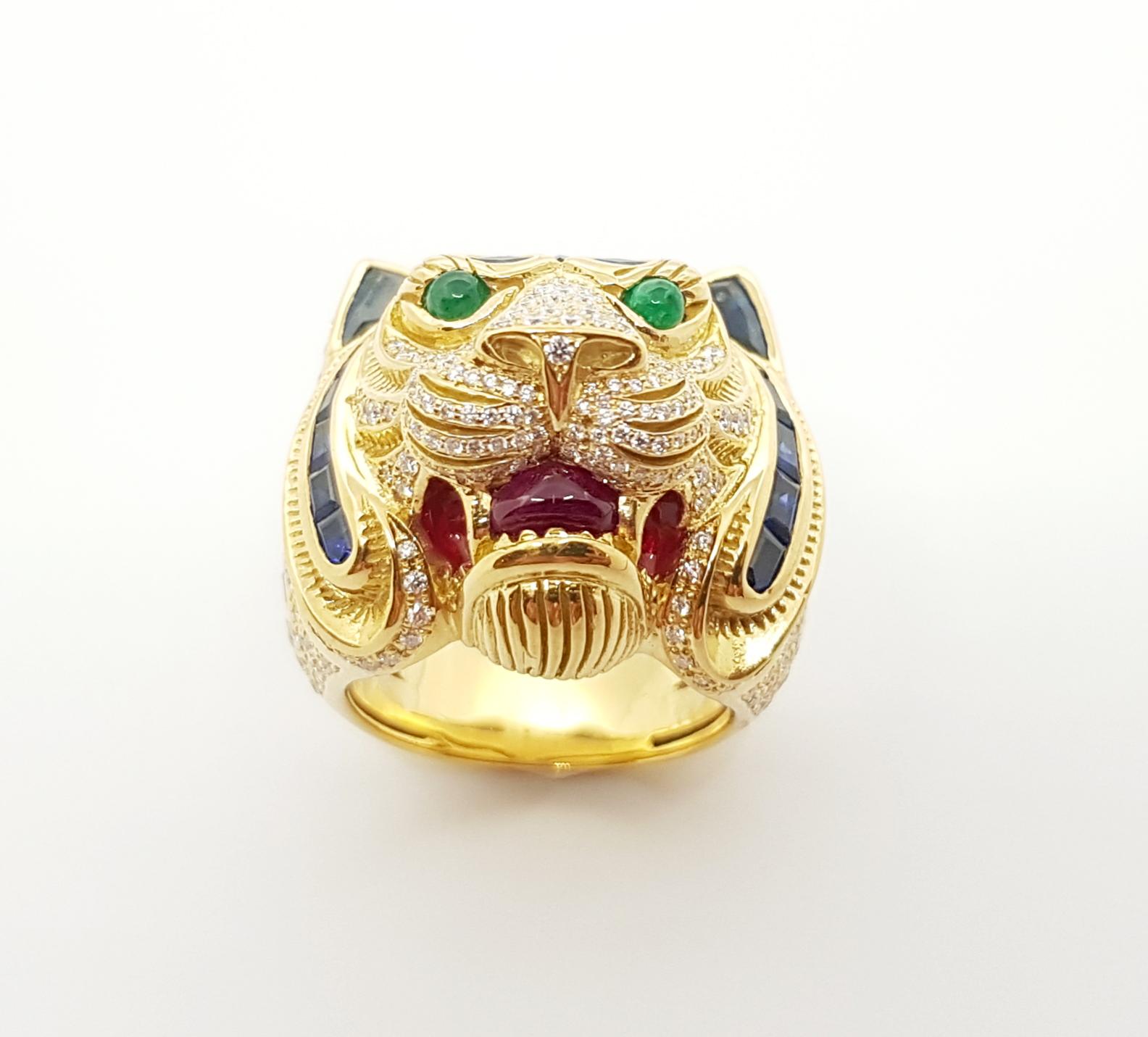 Blue Sapphire, Diamond with Ruby and Emerald Tiger Ring Set in 18 Karat Gold For Sale 4