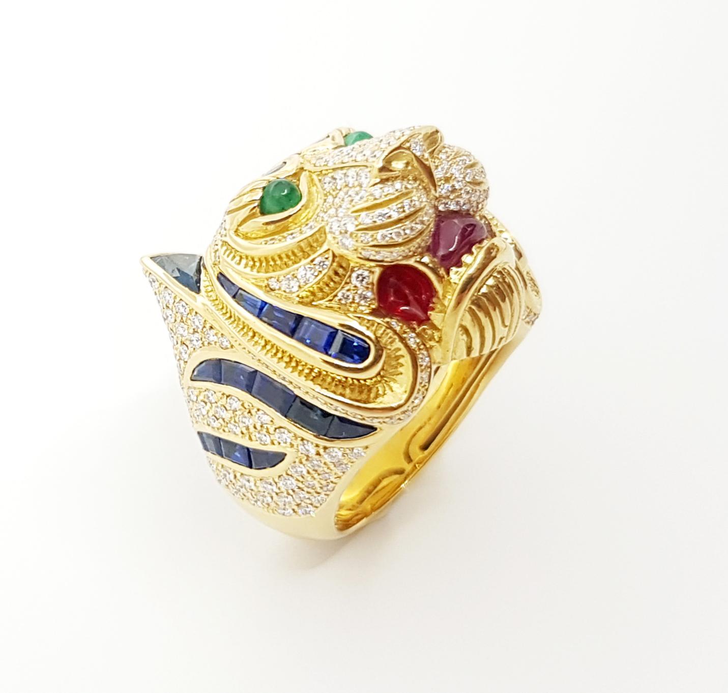 Blue Sapphire, Diamond with Ruby and Emerald Tiger Ring Set in 18 Karat Gold For Sale 5