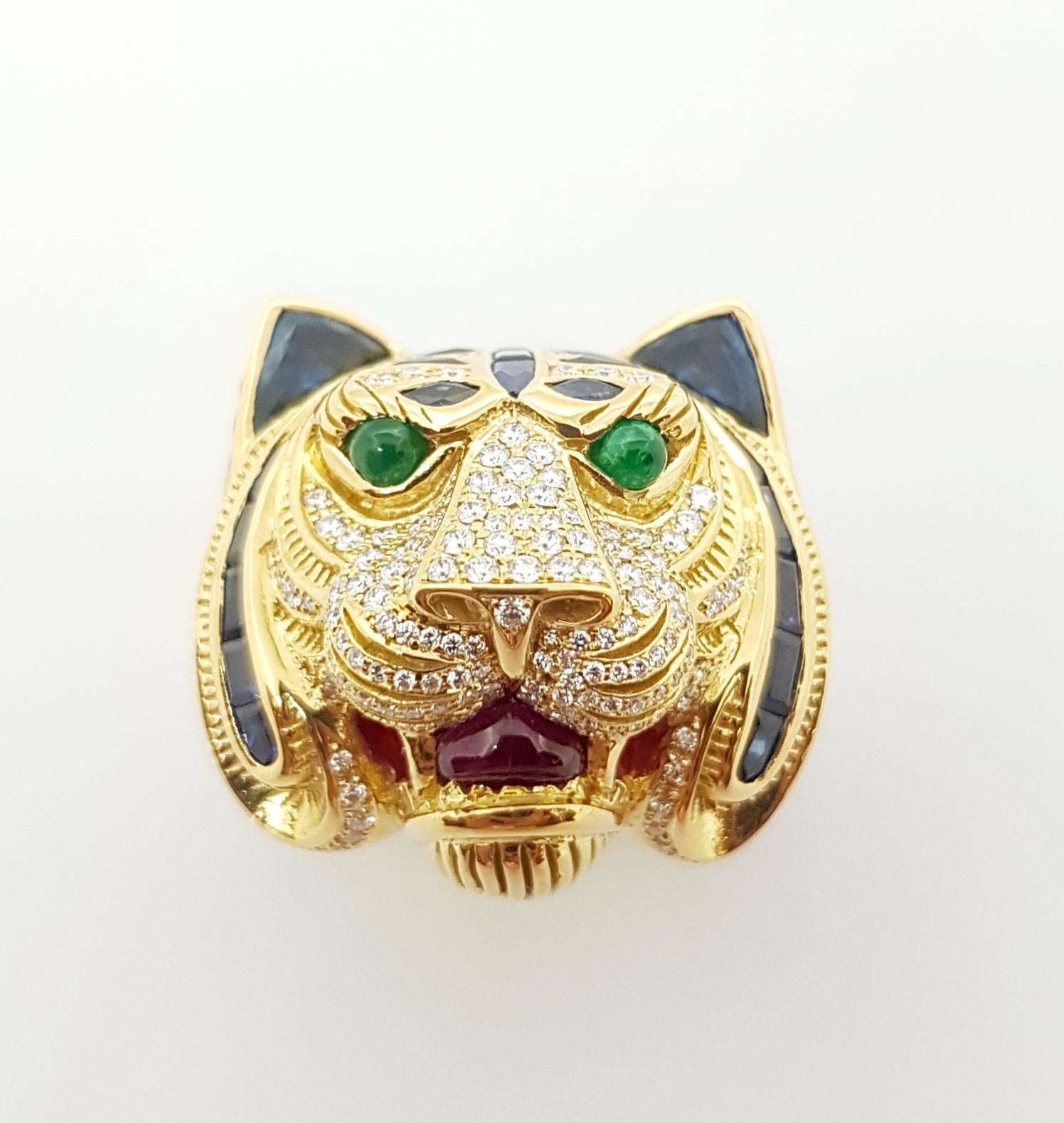 Blue Sapphire, Diamond with Ruby and Emerald Tiger Ring Set in 18 Karat Gold For Sale 6