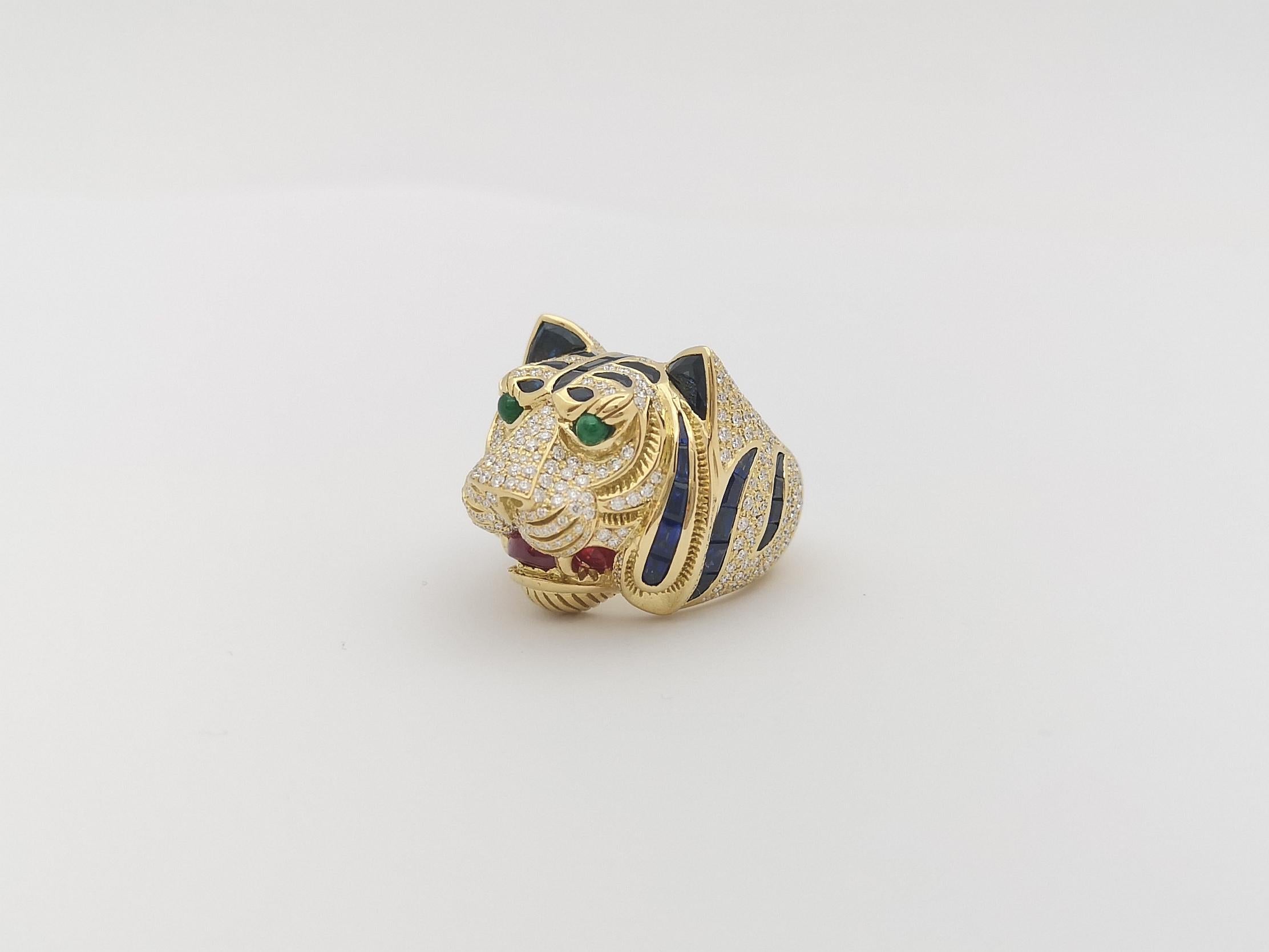 Blue Sapphire, Diamond with Ruby and Emerald Tiger Ring Set in 18 Karat Gold For Sale 7