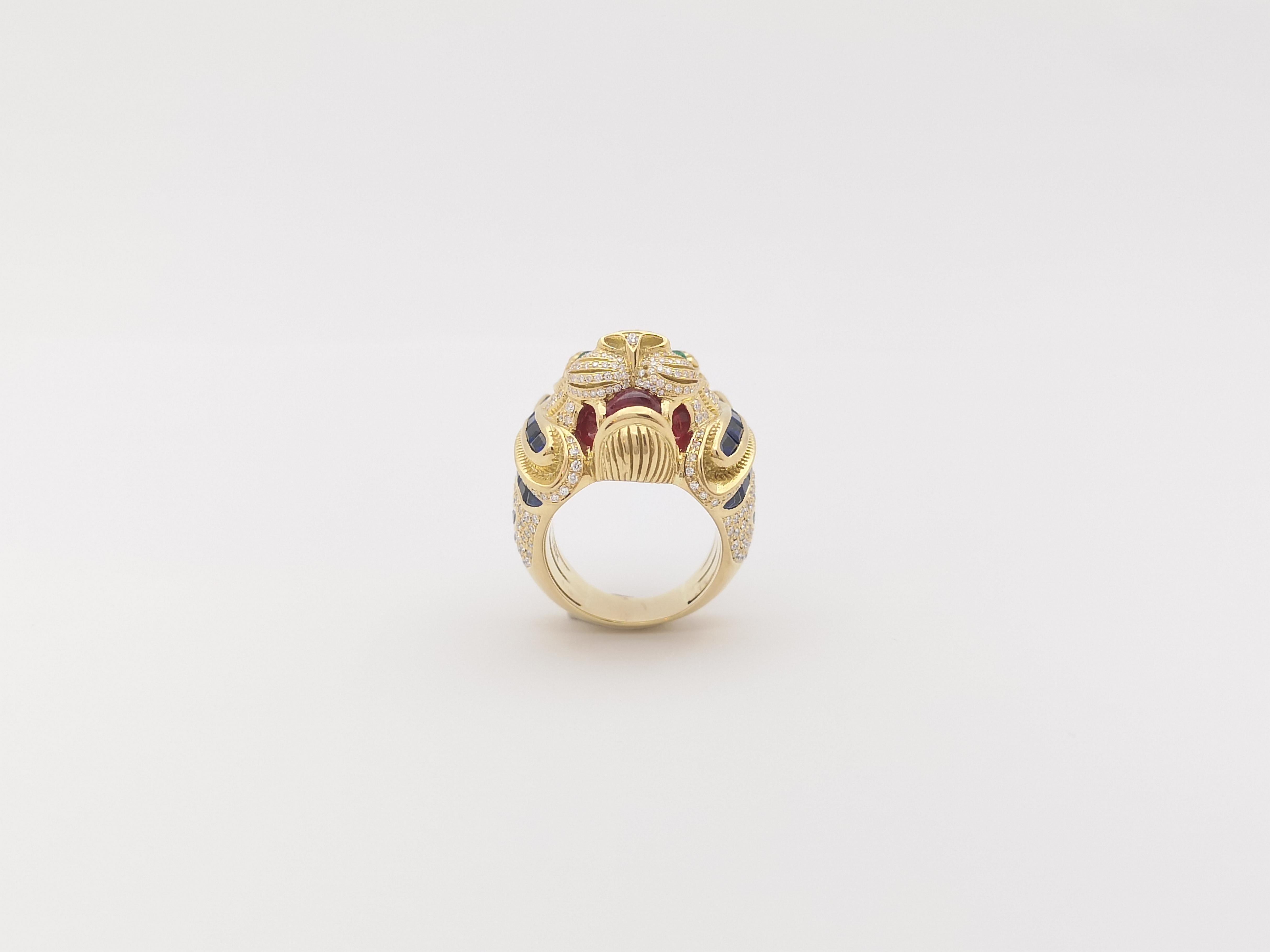 Blue Sapphire, Diamond with Ruby and Emerald Tiger Ring Set in 18 Karat Gold For Sale 9