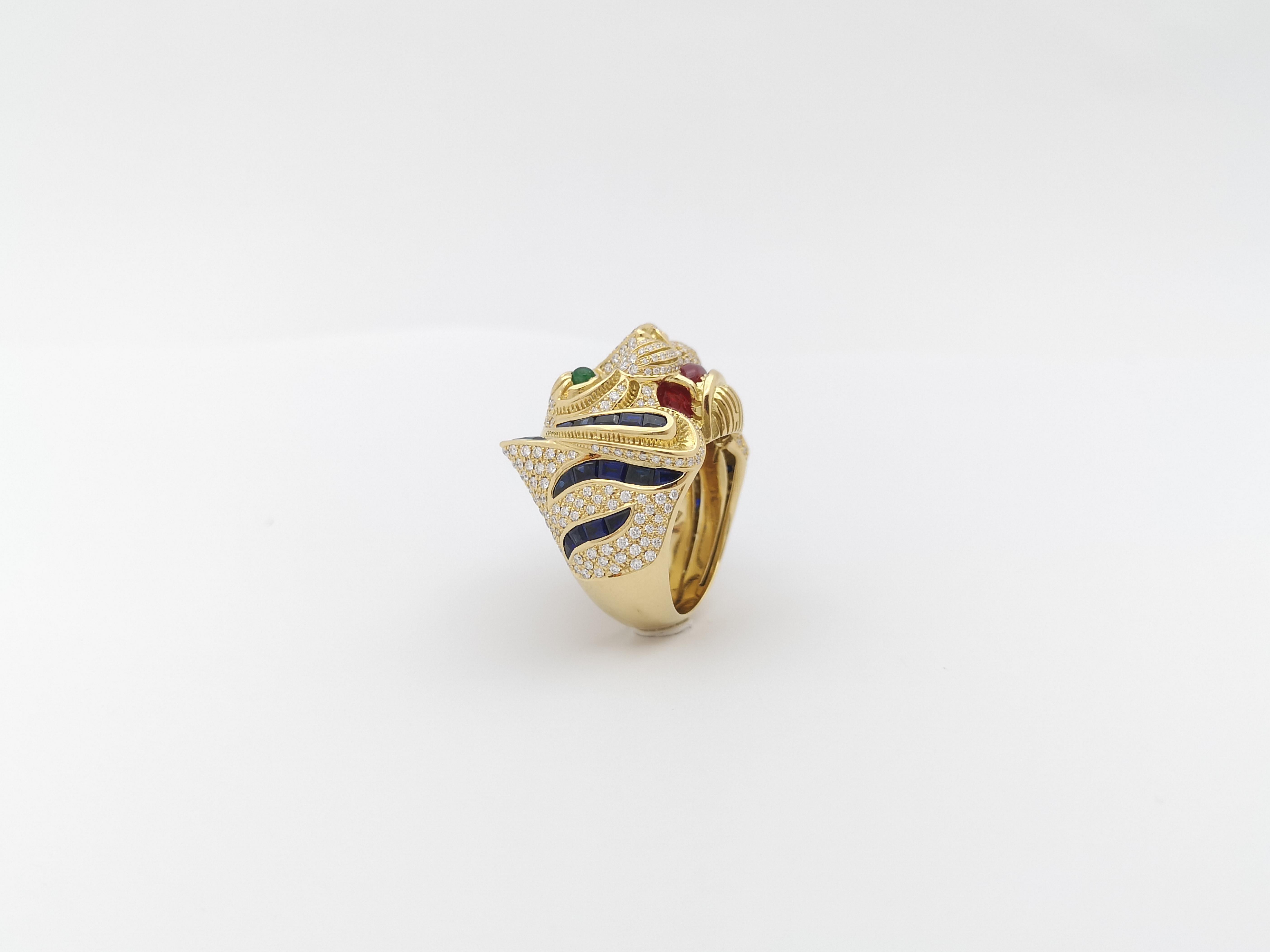 Blue Sapphire, Diamond with Ruby and Emerald Tiger Ring Set in 18 Karat Gold For Sale 10