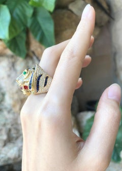 Blue Sapphire, Diamond with Ruby and Emerald Tiger Ring Set in 18 Karat Gold