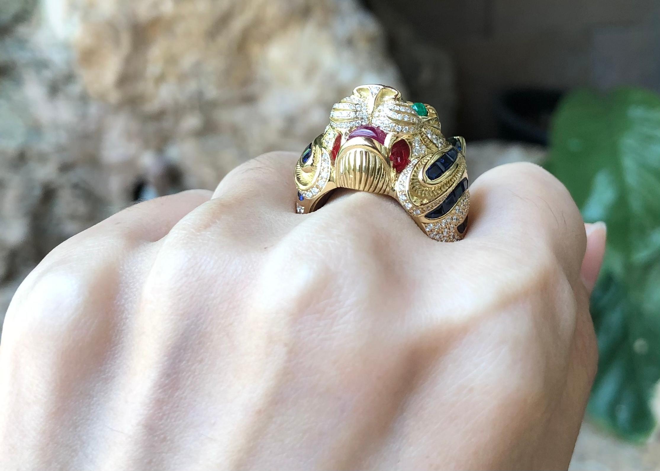 Contemporary Blue Sapphire, Diamond with Ruby and Emerald Tiger Ring Set in 18 Karat Gold For Sale