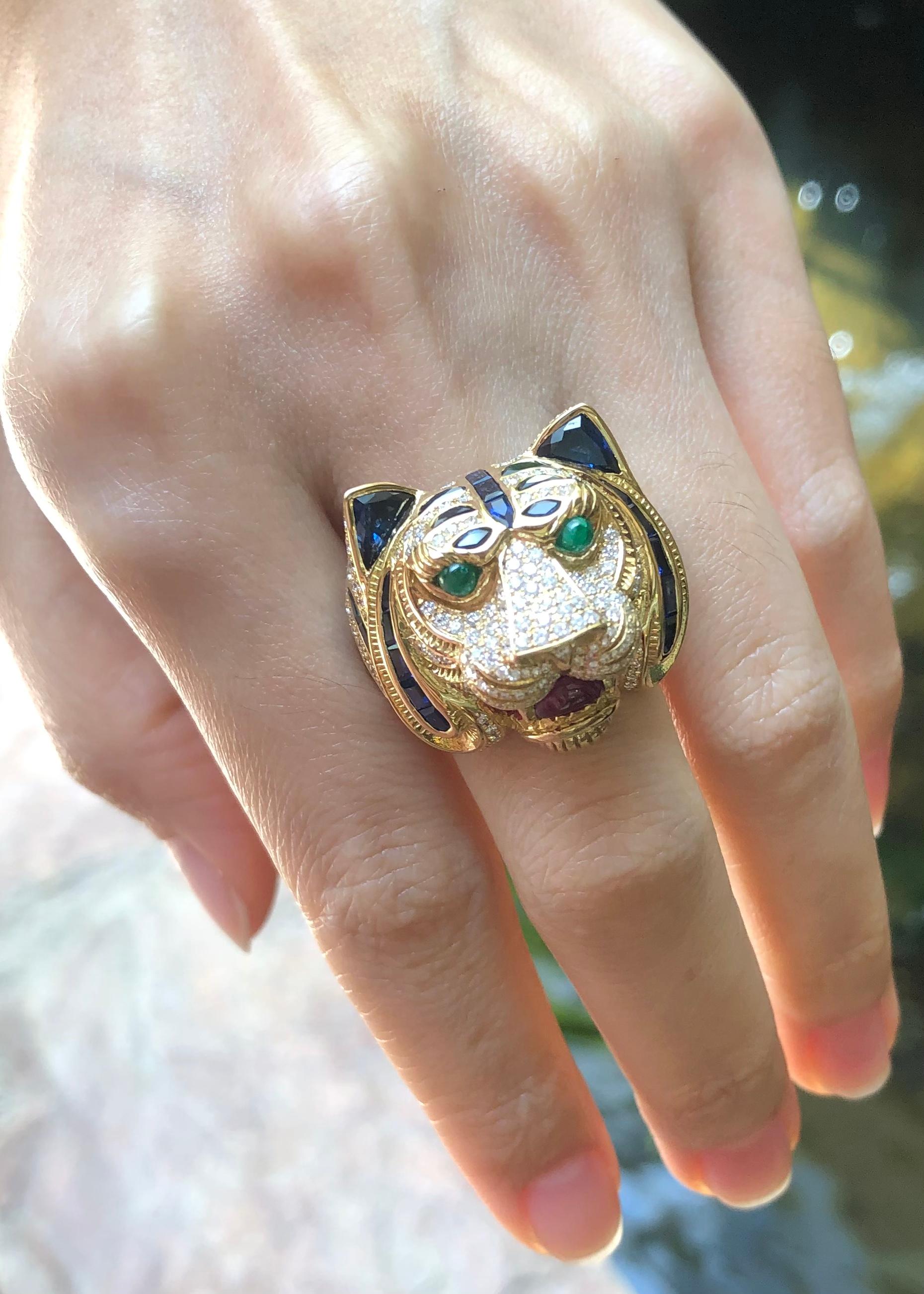 Mixed Cut Blue Sapphire, Diamond with Ruby and Emerald Tiger Ring Set in 18 Karat Gold For Sale