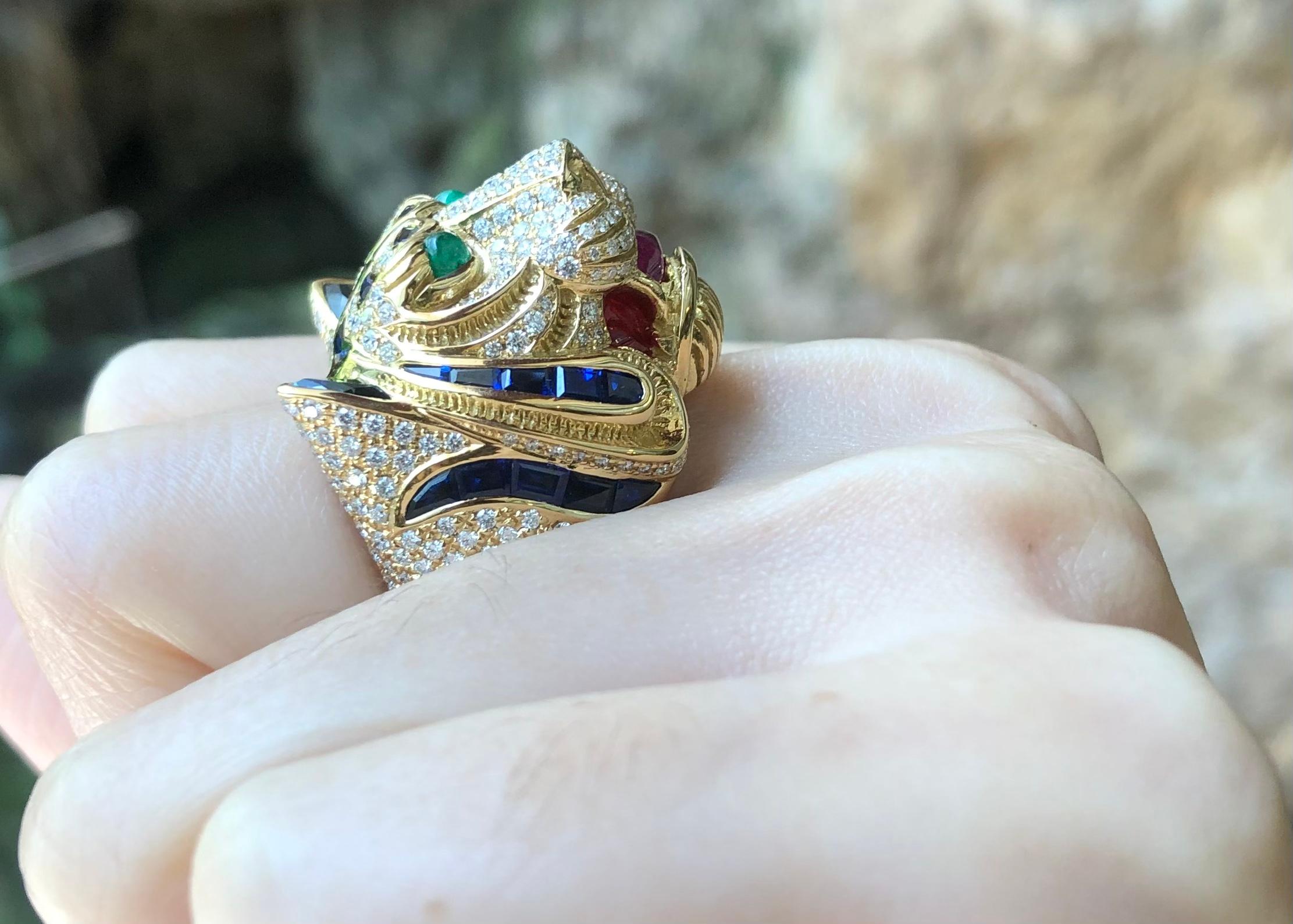 Blue Sapphire, Diamond with Ruby and Emerald Tiger Ring Set in 18 Karat Gold For Sale 2