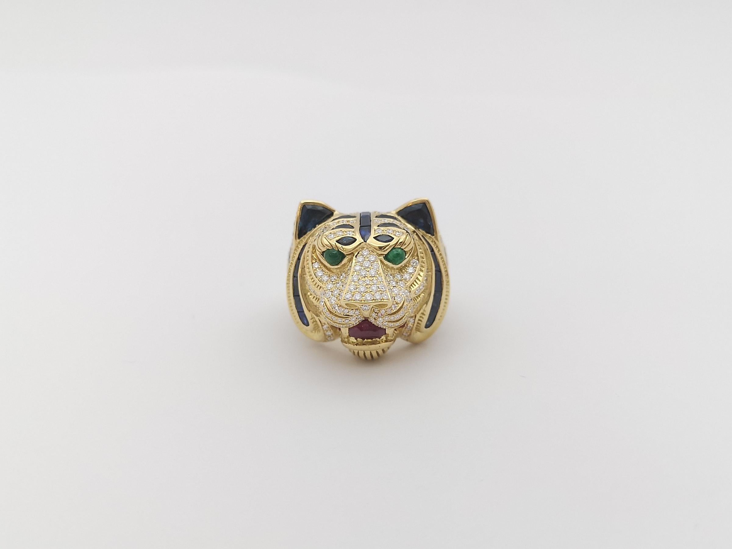 Blue Sapphire, Diamond with Ruby and Emerald Tiger Ring Set in 18 Karat Gold For Sale 3