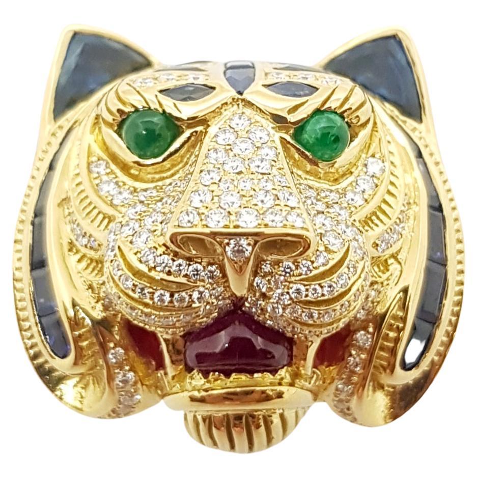Blue Sapphire, Diamond with Ruby and Emerald Tiger Ring Set in 18 Karat Gold For Sale
