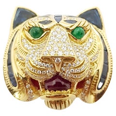 Blue Sapphire, Diamond with Ruby and Emerald Tiger Ring Set in 18 Karat Gold
