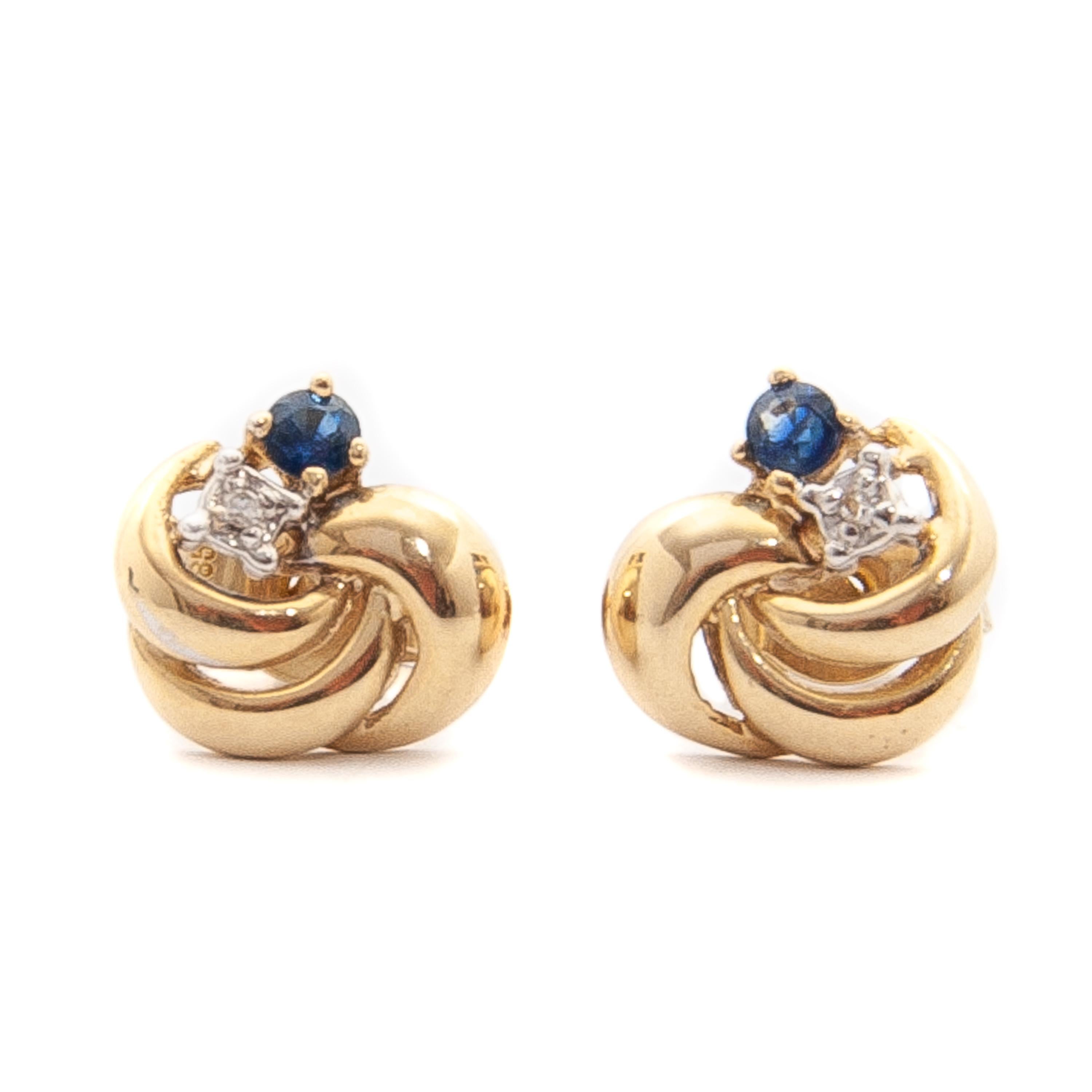 Sapphire Diamond 14K Gold Knot Earrings In Good Condition In Rotterdam, NL