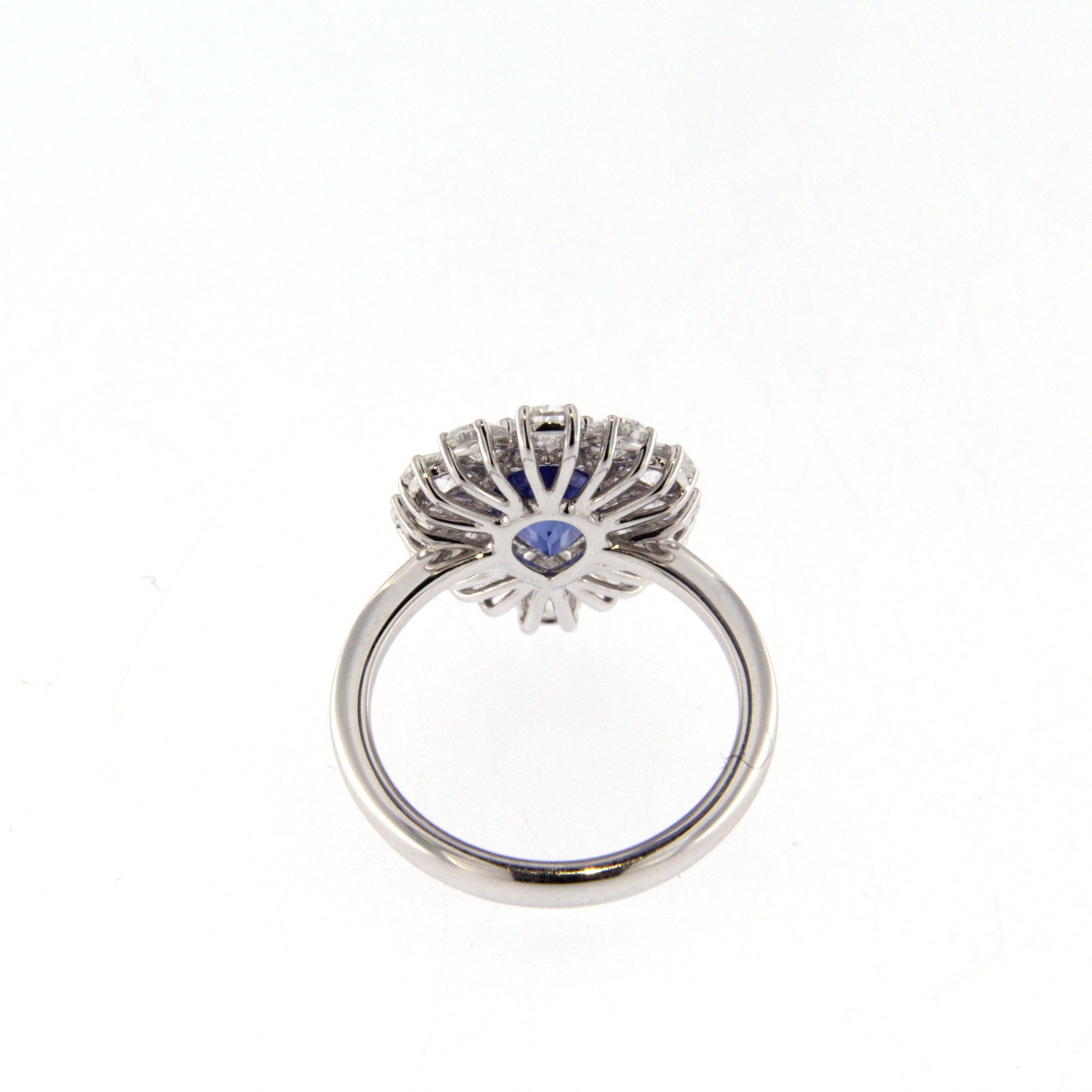 Pear Cut Blue Sapphire Diamonds 18 Karat Gold Flower Ring For Sale