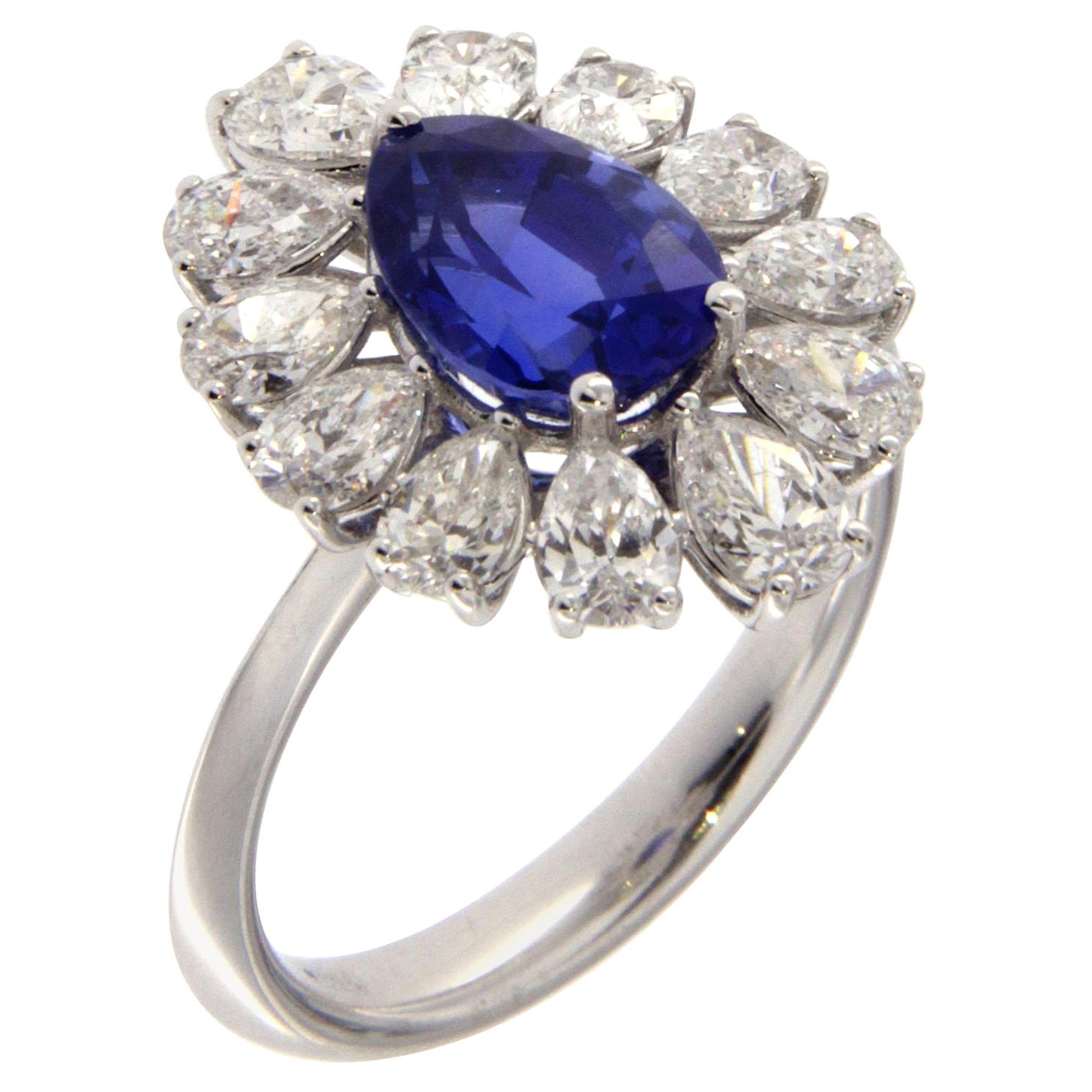 Blue Sapphire Diamonds 18 Karat Gold Flower Ring For Sale