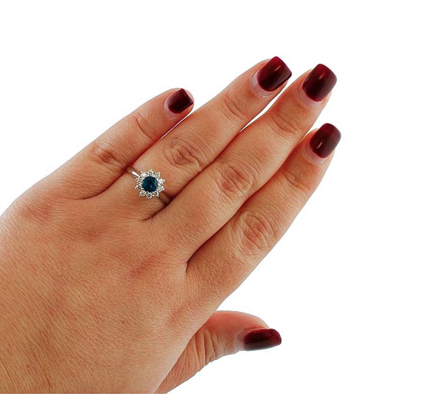 Women's Blue Sapphire, Diamonds, 18 Karat White Gold Engagement Ring For Sale