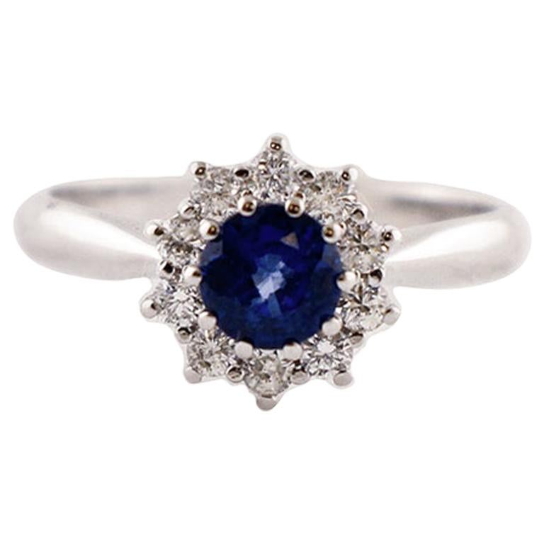 Blue Sapphire, Diamonds, 18 Karat White Gold Engagement Ring For Sale