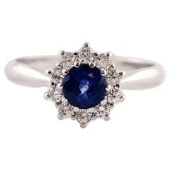 Zaffiro blu, diamanti, anello di fidanzamento in oro bianco 18 carati