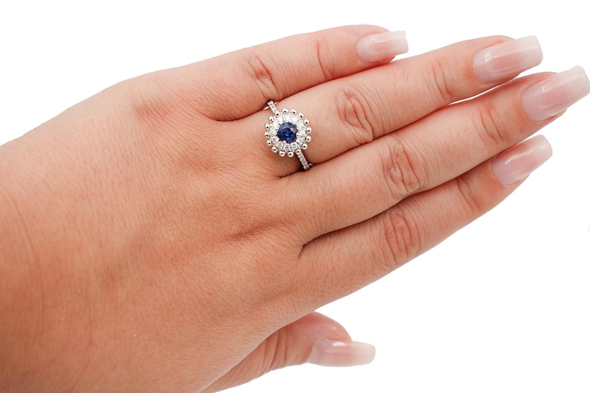 Mixed Cut Blue Sapphire, Diamonds, 18 Karat White Gold Engagement/Solitaire Ring For Sale