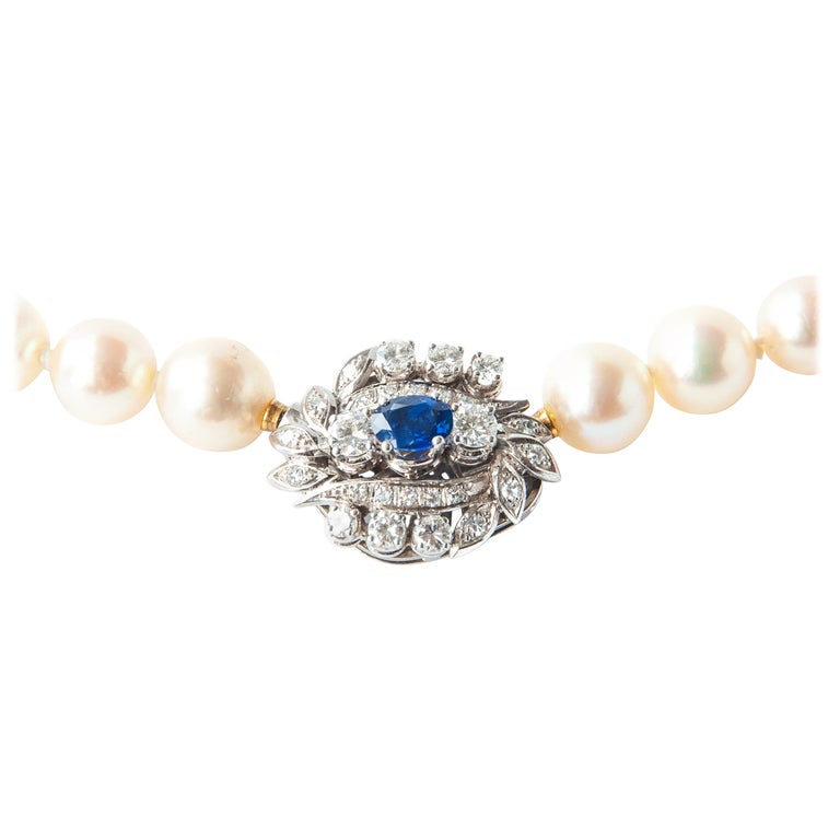 Blue Sapphire and Diamonds 14K White Gold Pearl Necklace For Sale