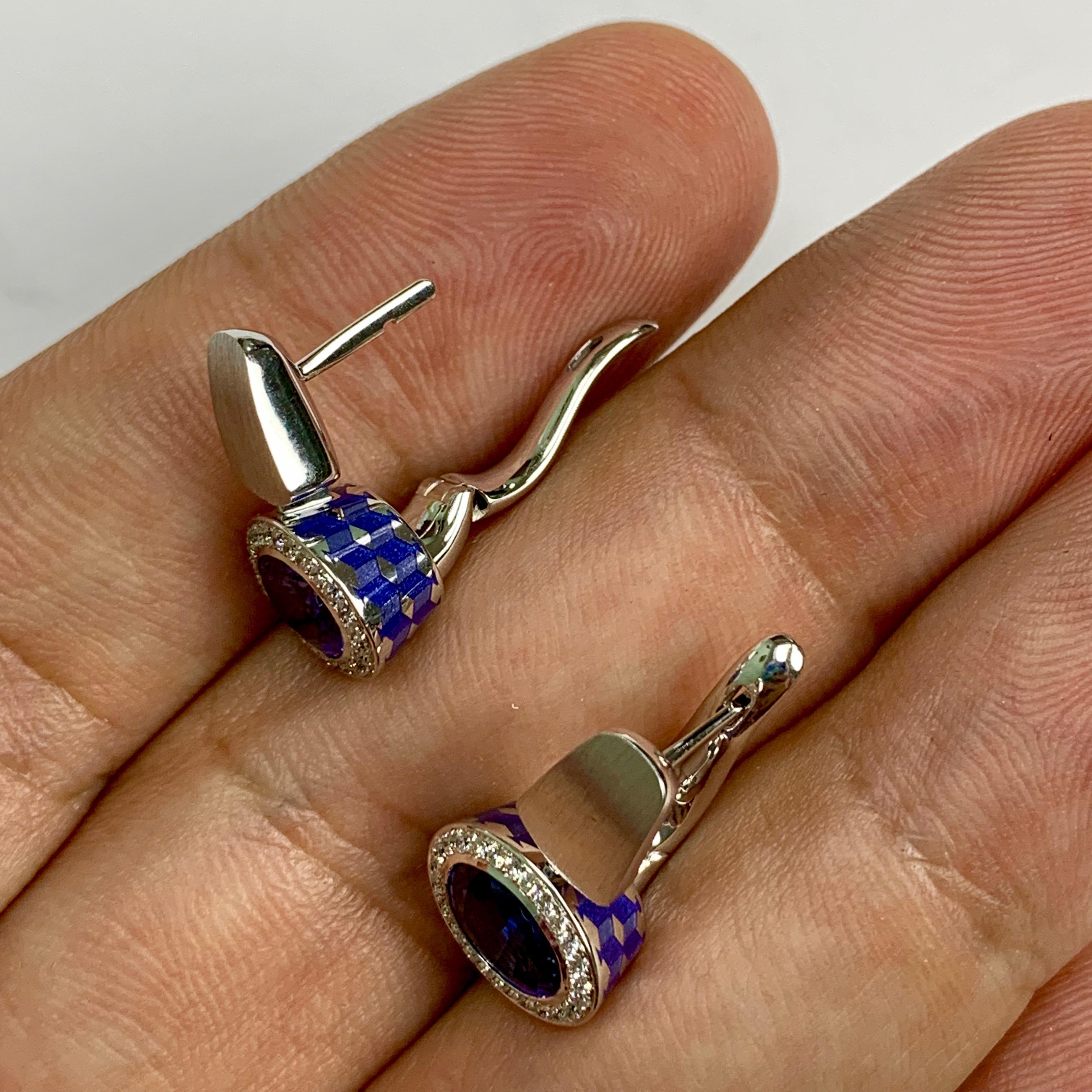 Oval Cut Blue Sapphire Diamonds Colored Enamel 18 Karat White Gold Kaleidoscope Earrings For Sale
