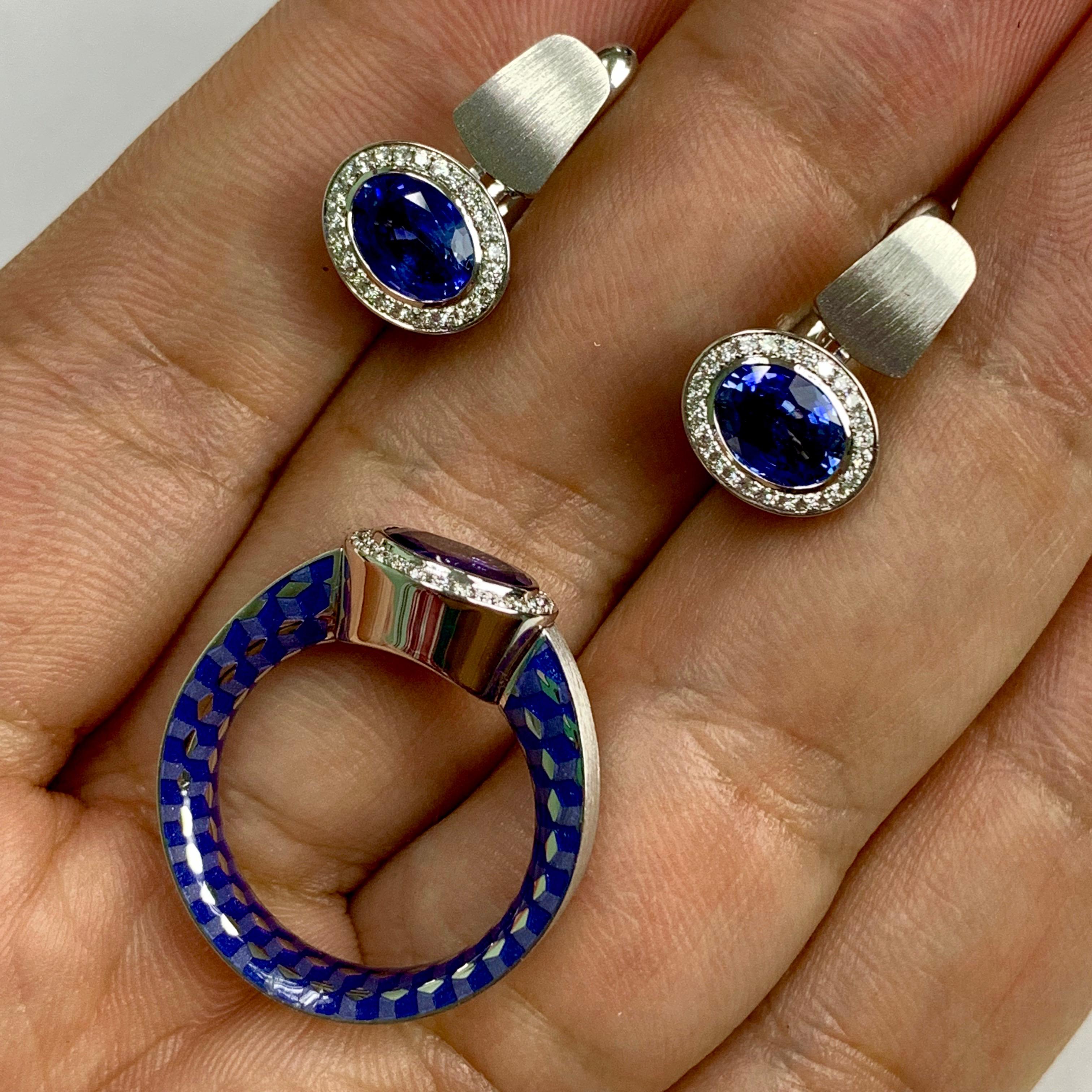 Blue Sapphire Diamonds Colored Enamel 18 Karat White Gold Kaleidoscope Earrings For Sale 2
