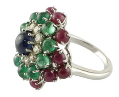 Blue Sapphire, Diamonds, Emeralds, Rubies, 14 Karat White Gold Cluster Ring