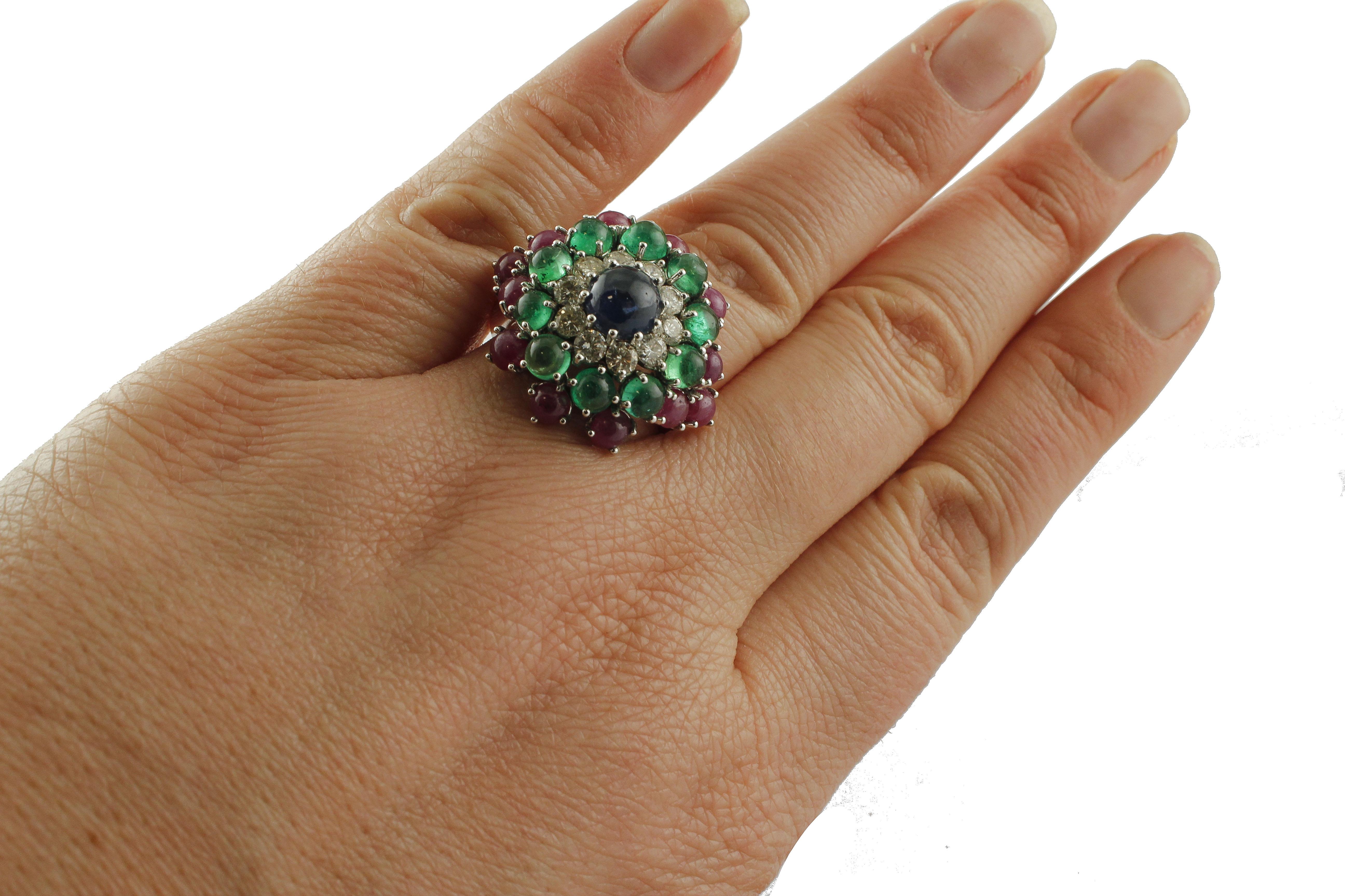 Blue Sapphire, Diamonds, Emeralds, Rubies, 14 Karat White Gold Cluster Ring In Good Condition For Sale In Marcianise, Marcianise (CE)