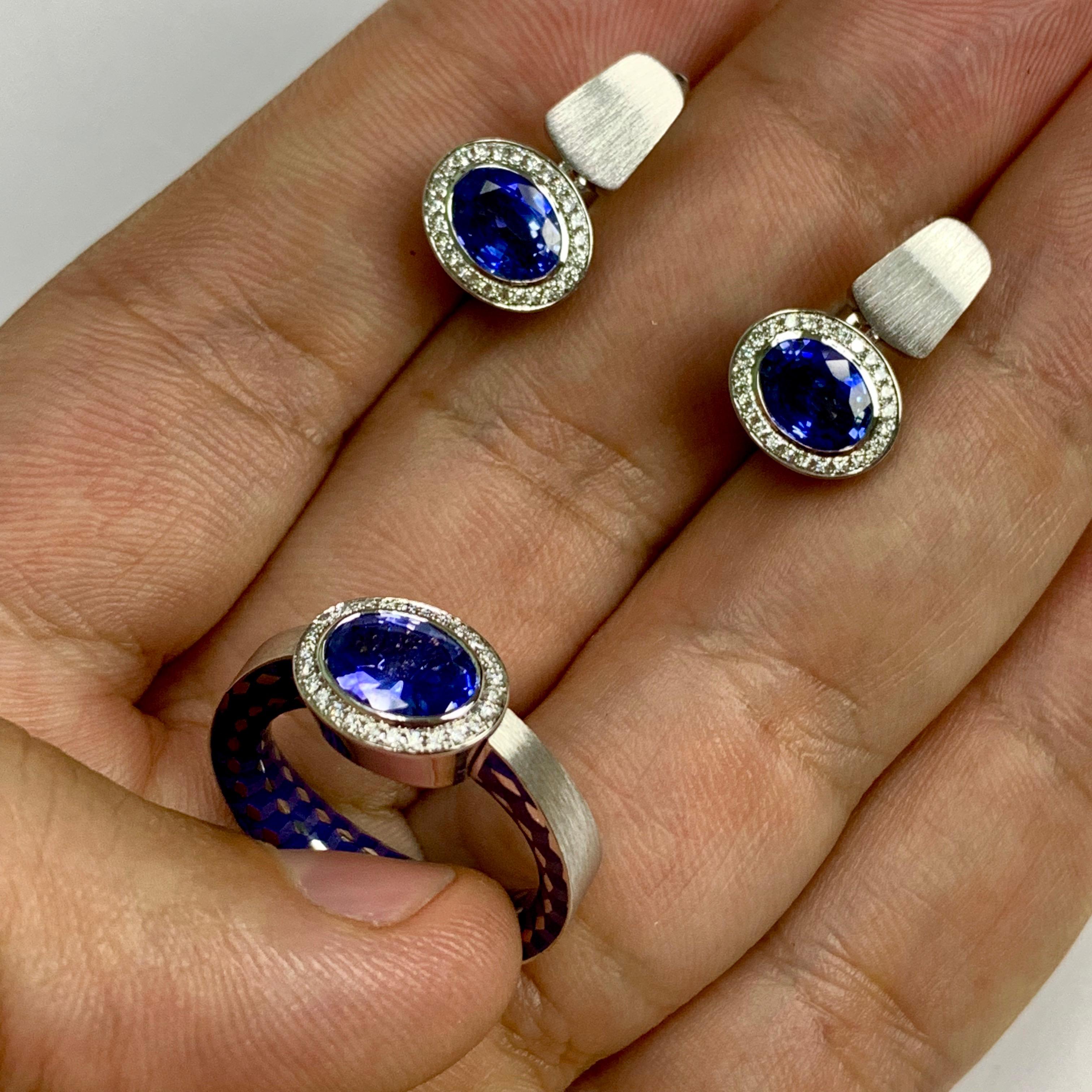 Oval Cut Blue Sapphire Diamonds Enamel 18 Karat White Gold Kaleidoscope Suite For Sale