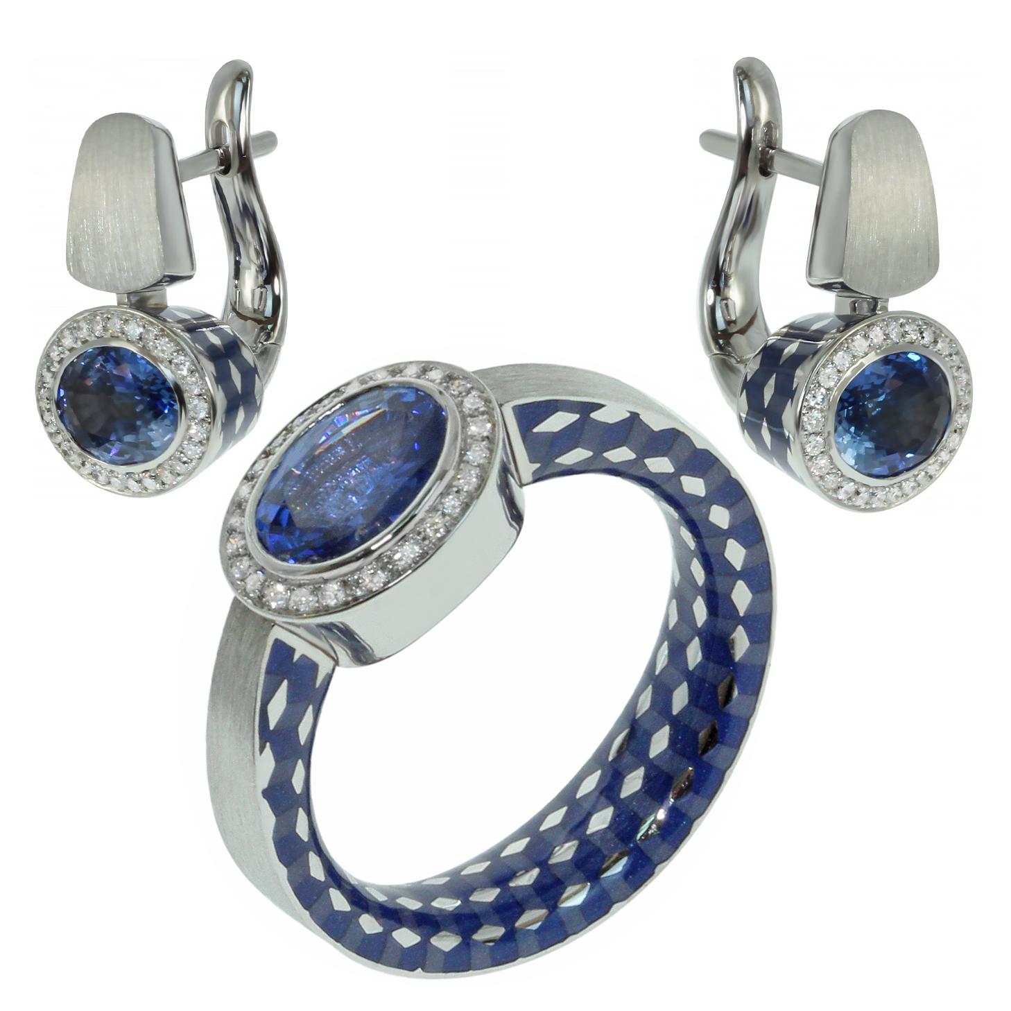 Parure kaléidoscope en or blanc 18 carats avec saphirs bleus, diamants et émail