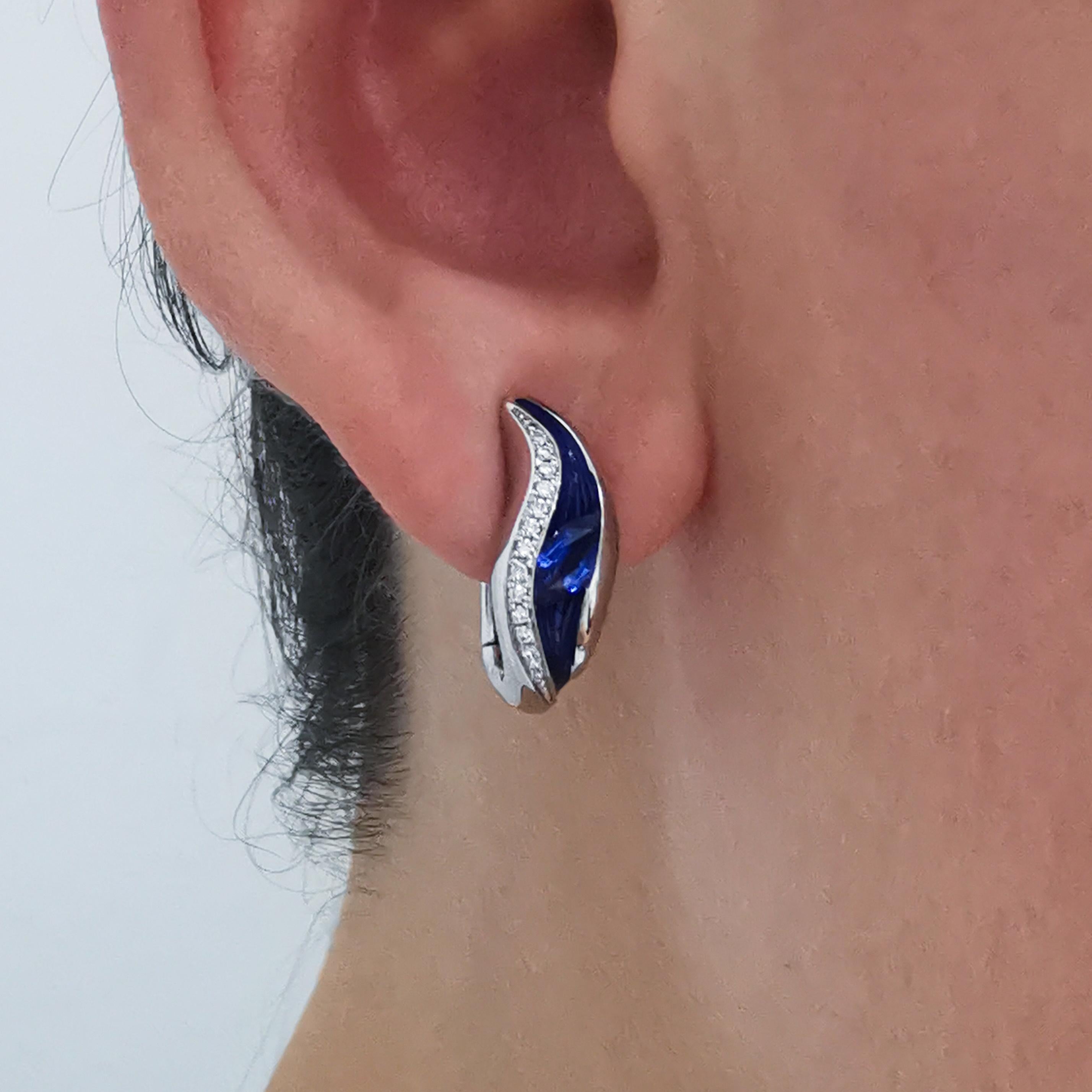 Blue Sapphire Diamonds Enamel 18 Karat White Gold Melted Colors Earrings For Sale 2