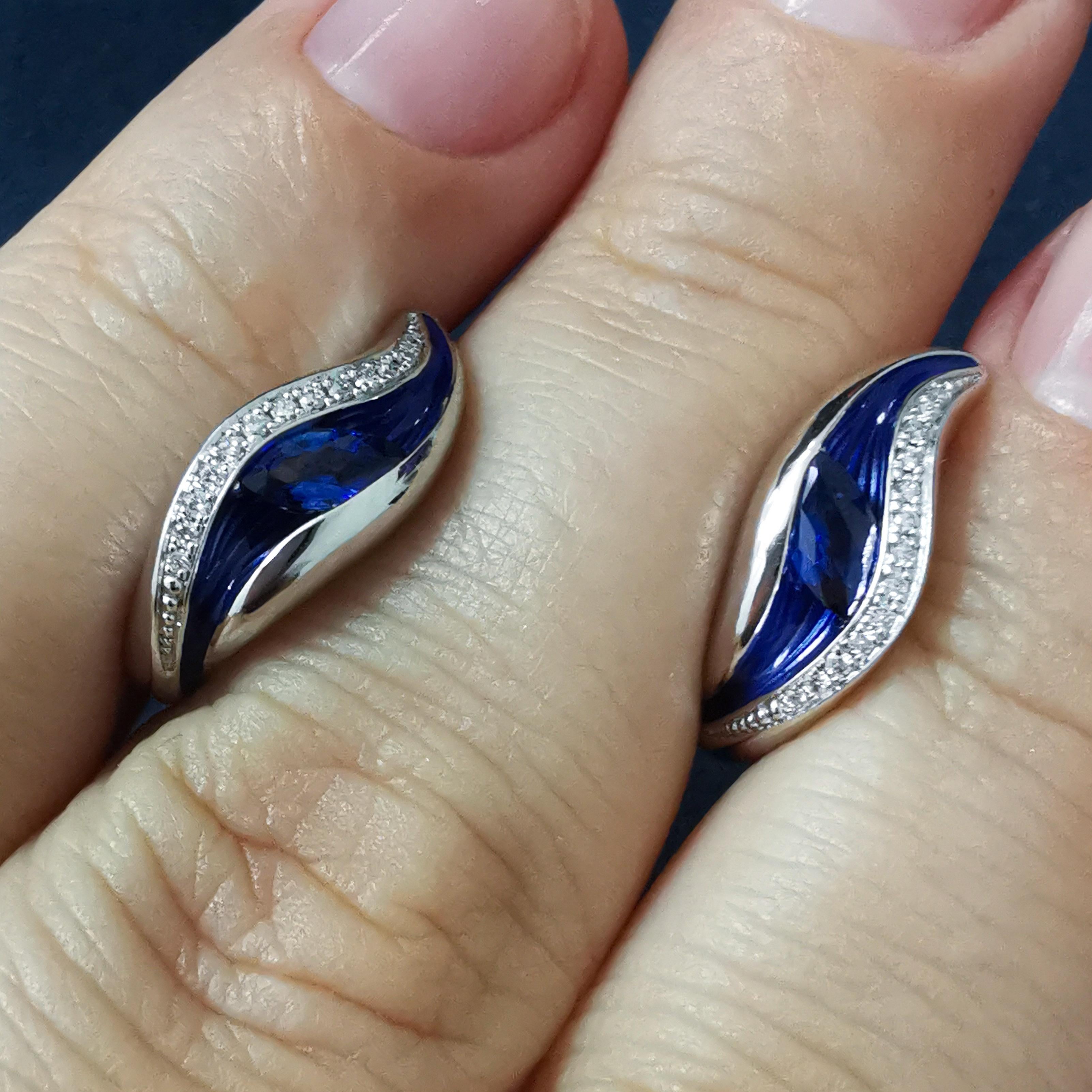 Contemporary Blue Sapphire Diamonds Enamel 18 Karat White Gold Melted Colors Earrings For Sale