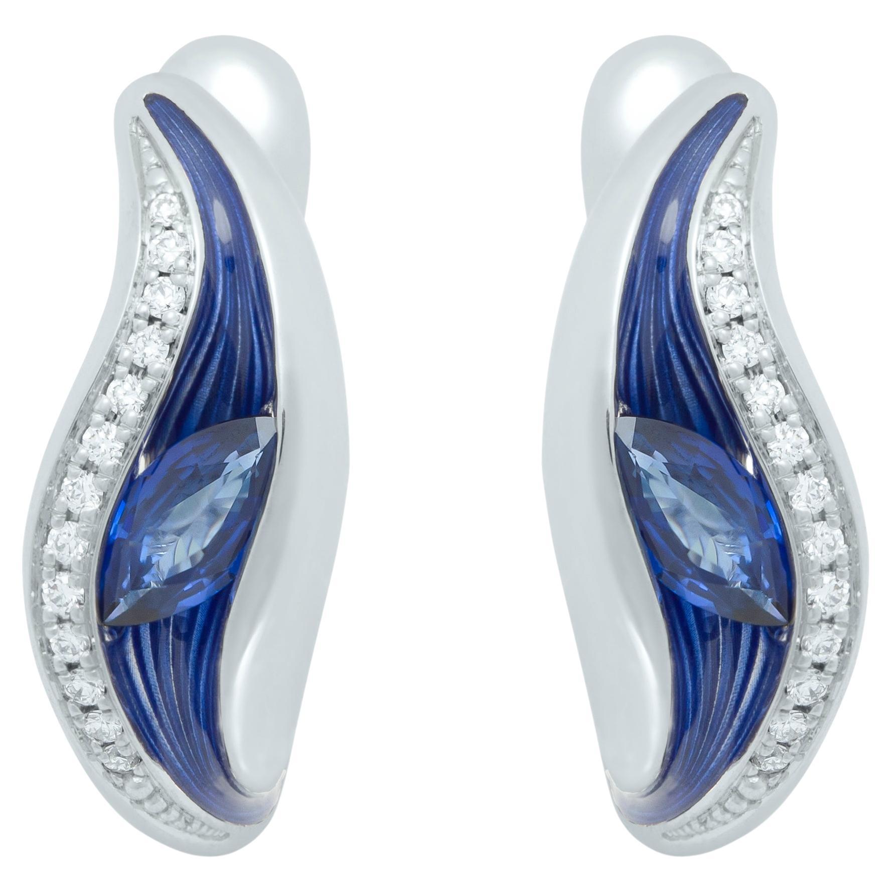 Boucles d'oreilles en or blanc 18 carats avec saphirs bleus, diamants et émail