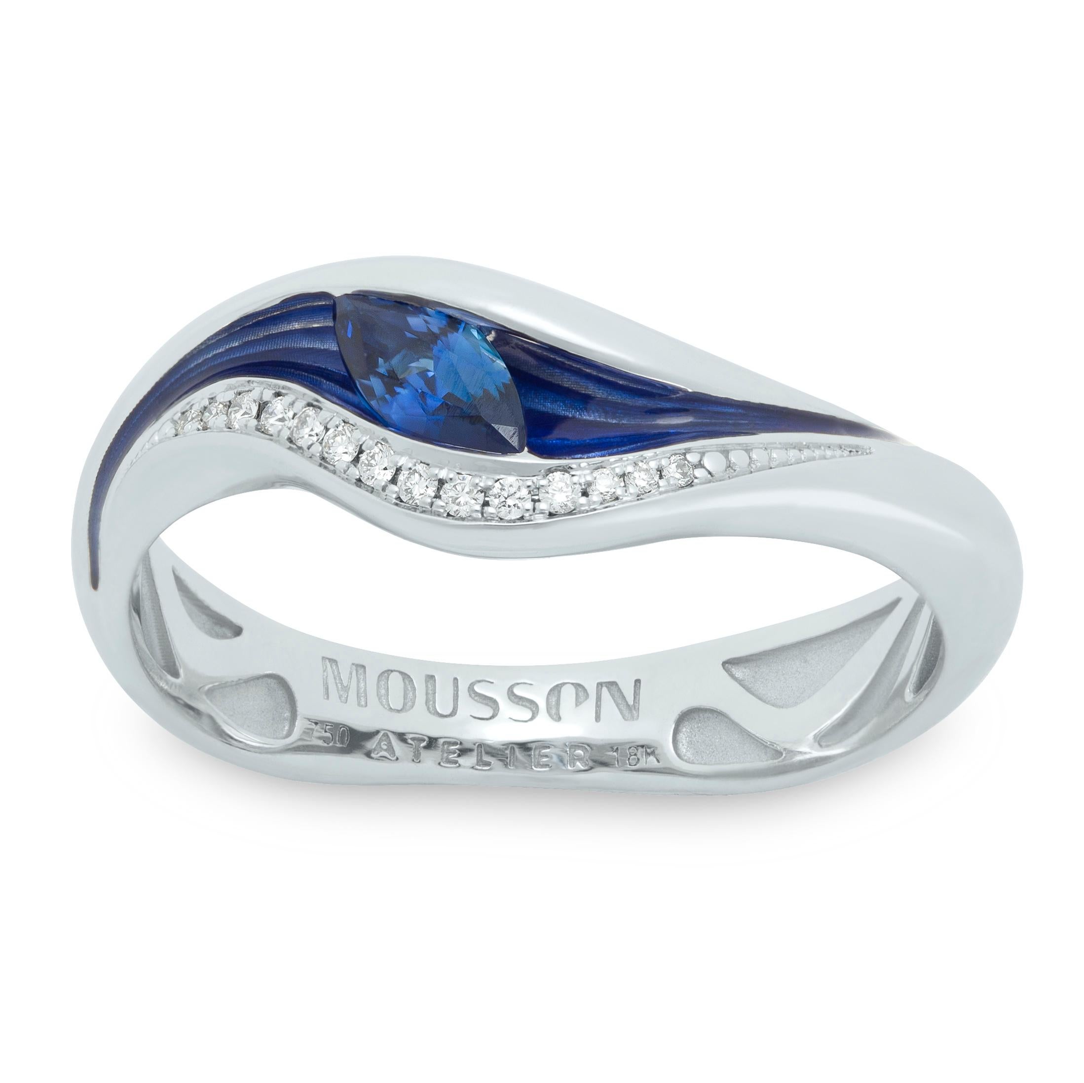 Blue Sapphire Diamonds Enamel 18 Karat White Gold Melted Colors Ring
Another Ring from our Melted Colors collection. As we can see, enamel is matched perfectly by our designers to the color of the central stones in order to create the effect of