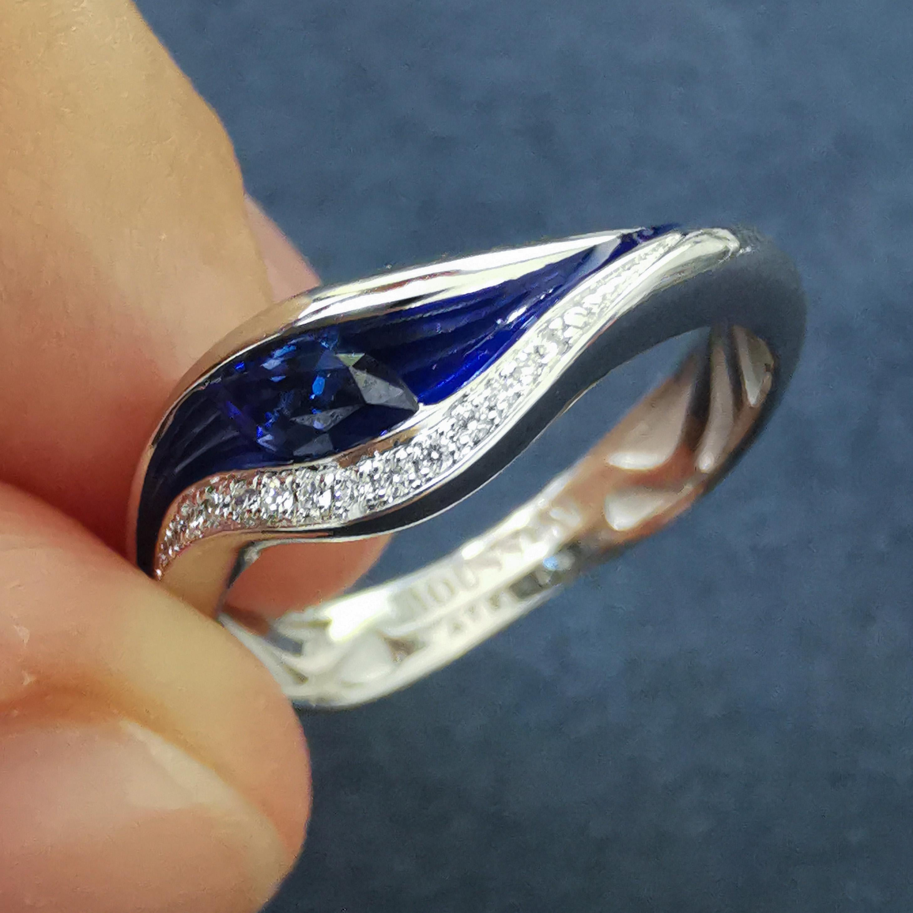 Contemporary Blue Sapphire Diamonds Enamel 18 Karat White Gold Melted Colors Ring For Sale