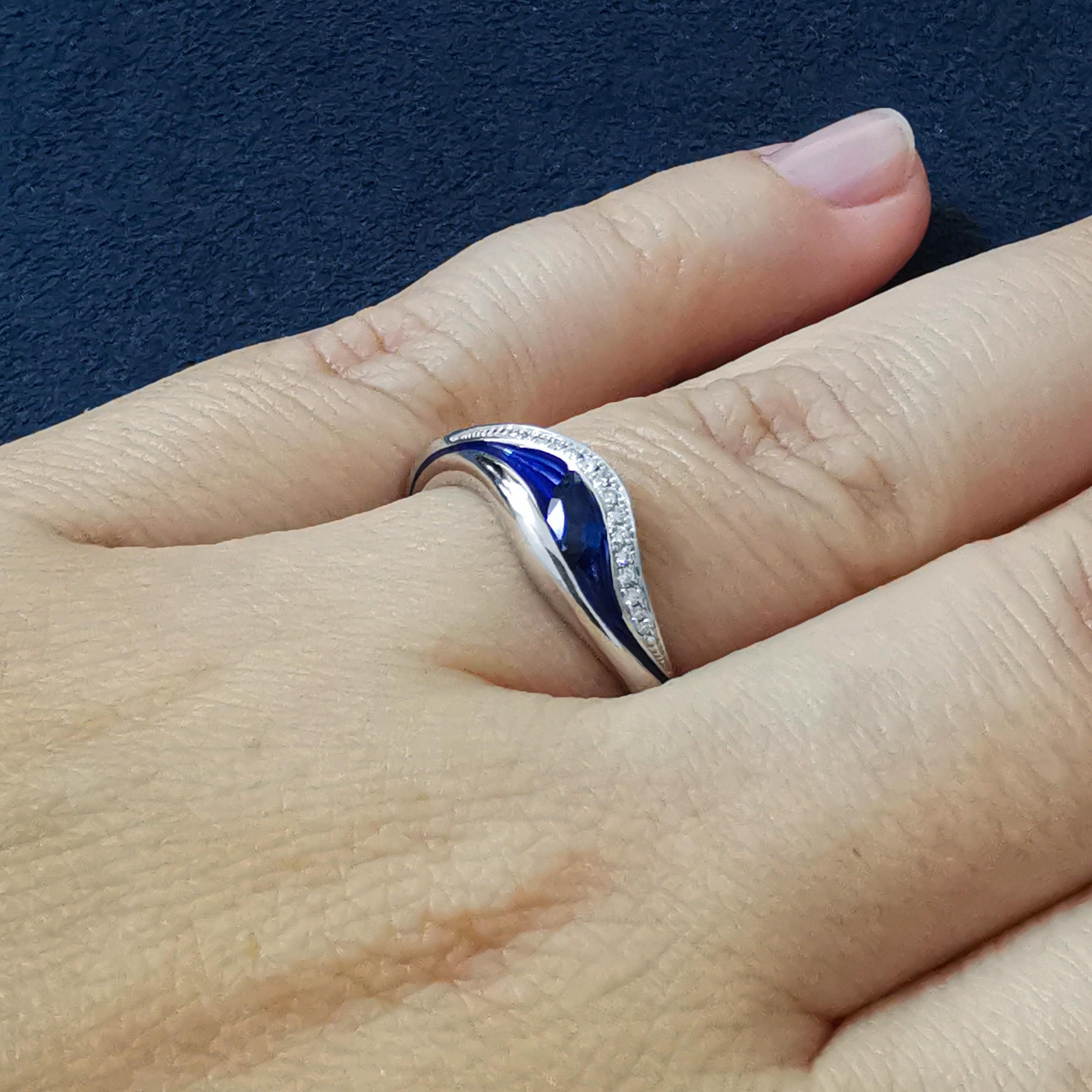 Women's Blue Sapphire Diamonds Enamel 18 Karat White Gold Melted Colors Ring For Sale