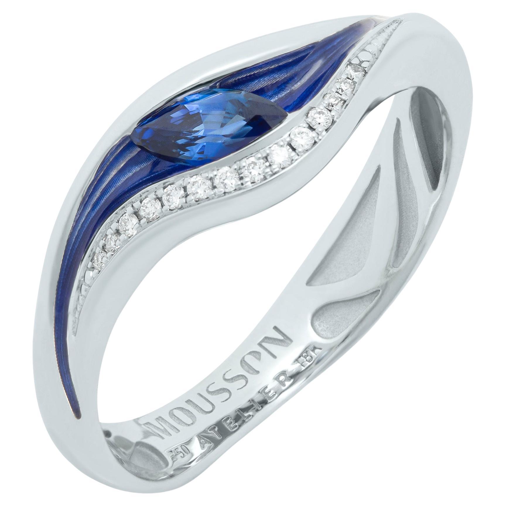 Blue Sapphire Diamonds Enamel 18 Karat White Gold Melted Colors Ring For Sale